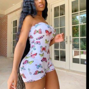Women's One Piece White Tube Top Butterfly Romper SMALL THORUGH XL